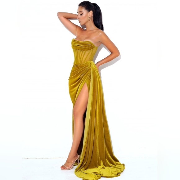 MISS CIRCLE | Dresses | Priya Gold Draping Corset High Slit Velvet Gown | Poshmark